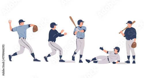 Baseball Players Vector Flat Design – Action Sports Illustration Collection