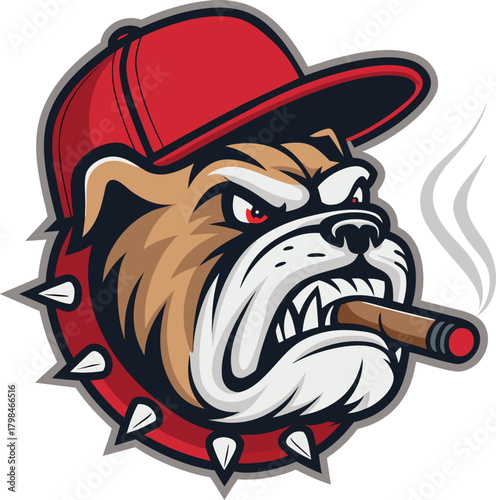 Fierce Cartoon Bulldog Mascot Character in Red Cap Smoking Cigar, Exuding Toughness and Street Style