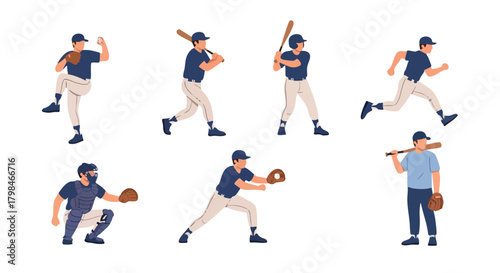Baseball Players Vector Flat Design – Sports Action Illustration Set