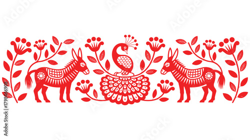 Red Paper Cut Design Donkeys, Peacock, Flowers on White Background Illustration