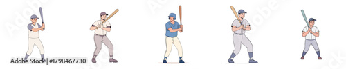Casual Flat Illustration Baseball Batter Stance and Ready Poses Vector Set