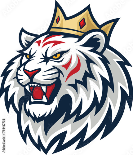 Majestic white tiger mascot with a regal golden crown, exuding power and fierce determination, ideal for sports branding or team emblems