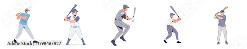 Minimalist Flat Illustration of Baseball Batter Hitting and Dynamic Action Poses Vector Set