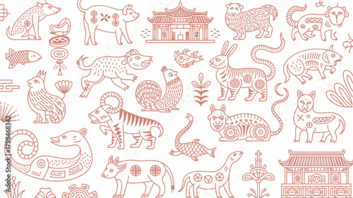 Ornate Outline Pattern Featuring Chinese Zodiac Animals, Buildings, and Floral Motifs on White Background