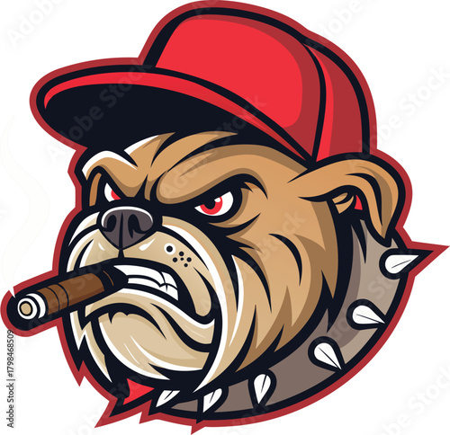 Angry bulldog character with a red cap and cigar, embodying a tough and determined spirit for graphic design