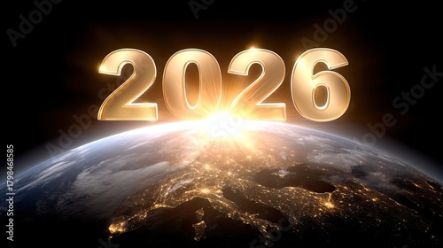 Fototapeta Naklejka Na Ścianę i Meble -  Golden Number 2026 Rising Above Earth with Beautiful Sunrise and City Lights in the Background, Symbolizing New Beginnings and Optimism for the Year Ahead