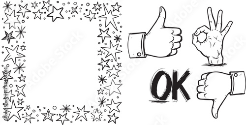 Hand-drawn Sketchy Stars Frame and OK Hand Gestures Set