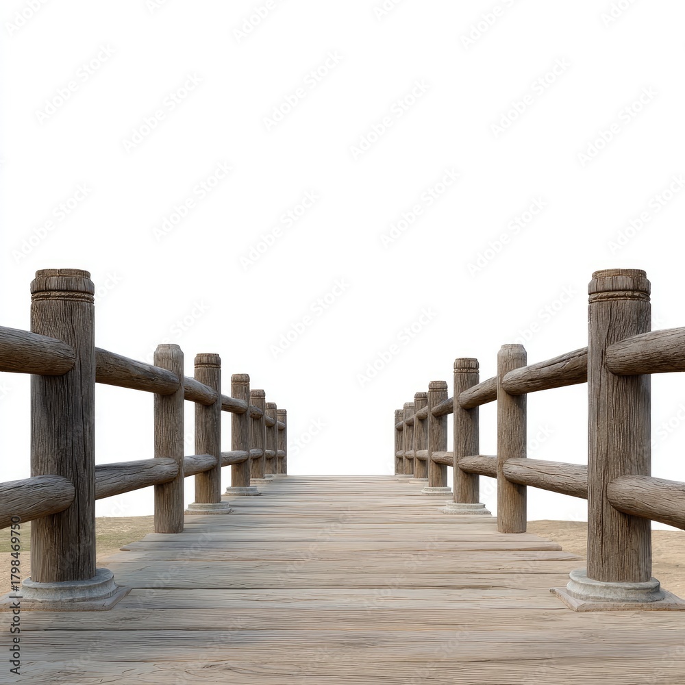 Naklejka premium Elegant wooden pier extending into tranquil waters framed by a clear blue sky, perfect for serene nature escapes and peaceful reflections