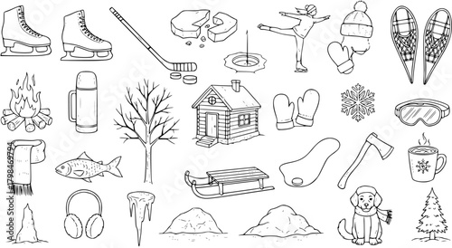 Winter Activities and Elements: Hand-drawn Illustrations in Black and White