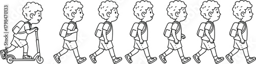 Cute walking cycle boy illustration with backpack, child character animation sequence, line art school kid walking and riding scooter for designs