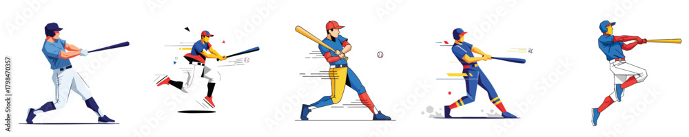 Obraz premium Dynamic Flat Design Baseball Player Collection in Various Hitting Poses Vector Illustration