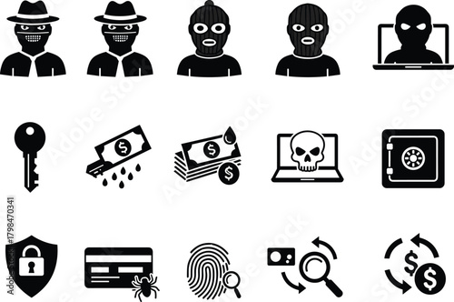 Cybercrime and hacker icons set with thieves, malware, phishing, money laundering, data theft, online fraud, and security breach symbols