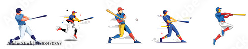 Dynamic Flat Design Baseball Player Collection in Various Hitting Poses Vector Illustration