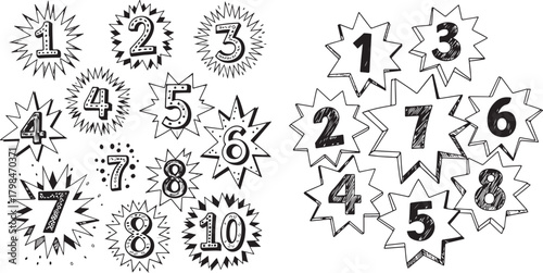 Hand-drawn Numbers One to Ten in Starburst Shapes