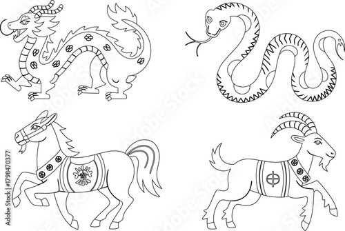 Outlined Dragon, Snake, Horse, and Goat Illustrations for Coloring or Educational Projects