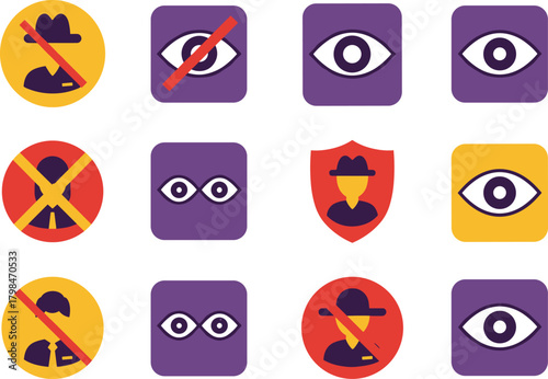 Cybersecurity privacy icon set, no spying and data protection signs, eye and hacker warning symbols for digital safety awareness