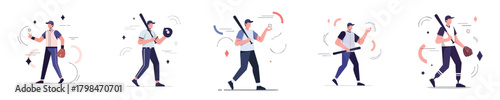 Vector Flat Baseball Player Poses Standing Attitude Set Illustration