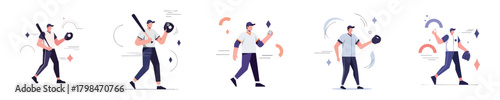 Vector Flat Baseball Player Poses Standing Set Illustration