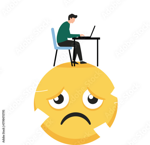 Depressed man working on laptop alone, sad emoji background illustration showing work stress, burnout, isolation, and mental health issues