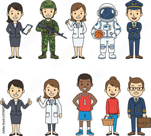 Different profession characters illustration, cartoon people in various occupations, doctor soldier astronaut pilot businesswoman businessman, teamwork diversity concept vector