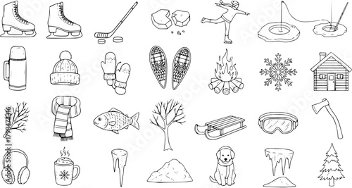 Winter Activities and Elements in Hand-Drawn Black and White Illustrations