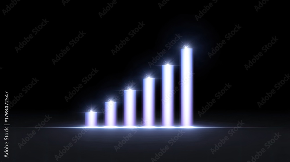 Obraz premium Modern glowing bar graph illustrating growth and progress in a dark background, symbolizing success, improvement, and positive trends in data visualization