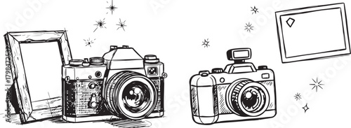 Artistic Outline Sketch of Classic Cameras and Picture Frame