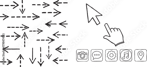 Monochrome Hand Drawn Arrows and User Interface Symbols