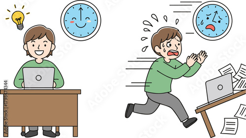 Cartoon illustration of person managing time effectively and person rushing under stress, productivity and procrastination concept with laptop and clock