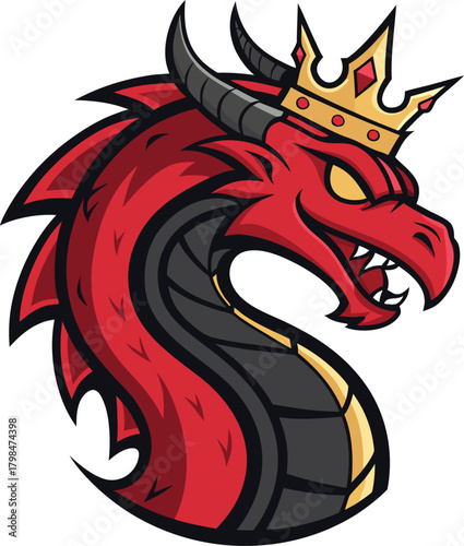 Fierce crimson dragon king mascot illustration; powerful mythological reptile emblem with golden crown for sports or gaming brand