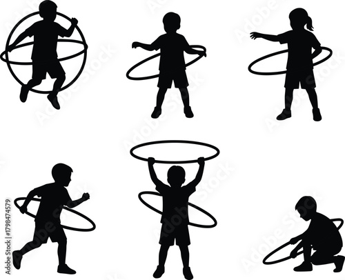 Children hula hoop silhouettes, kids playing, fitness activity, fun exercise, outdoor play, movement, coordination, sports, healthy lifestyle vector illustration