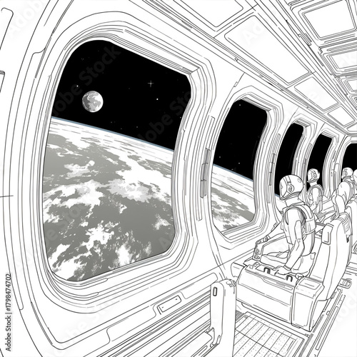 Black and White  Line Art Illustration of Space Tourism