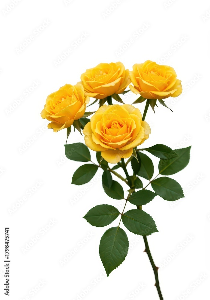 Fototapeta premium A delicate spray of vibrant yellow roses presented cleanly against a seamless white background, highlighting their beautiful texture and warm, sunny hues, white background, summer, nature