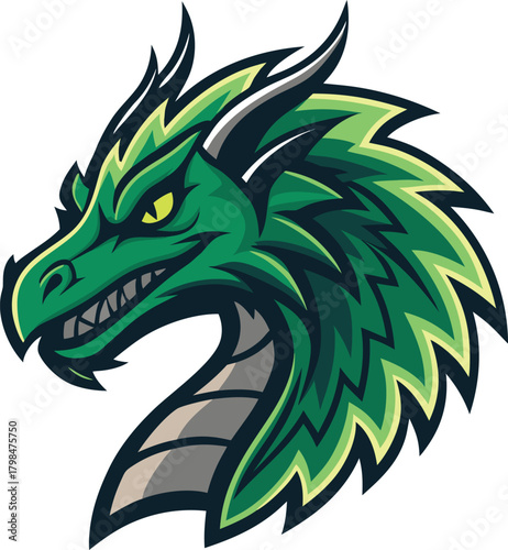Powerful mythical creature head vibrant green scales intense gaze emblem of strength and ancient fantasy art perfect for modern branding