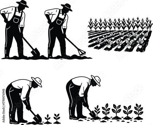 Silhouette illustration of farmer working in field with shovel and crops, traditional agriculture and plant cultivation concept for farming design