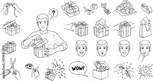 Gift Wrapping  Unwrapping Set: Line Art Illustration of Man, Presents, Wrapping Paper, Scissors, Tape Dispenser, Faces, Exclamations and more