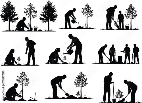 Silhouette people planting trees, watering plants and doing environmental teamwork activities in nature, conservation and reforestation illustration for eco concept