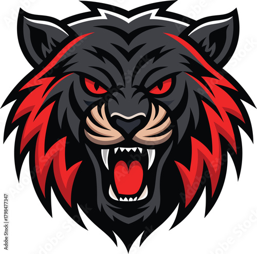 Dynamic black panther head logo illustration, featuring an aggressive roar and intense red eyes, perfect for a powerful team mascot or gaming emblem