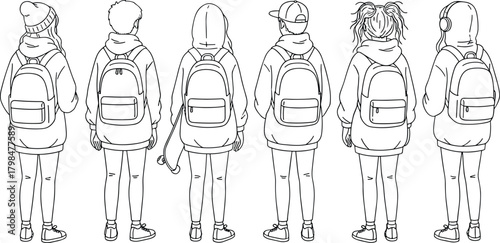students with backpacks illustration, teens from behind, school kids line art, youth group drawing, backpackers vector outline
