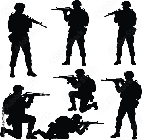 soldier silhouette set, military personnel poses, armed forces figures, tactical stance illustration, combat training positions, rifle holding silhouettes