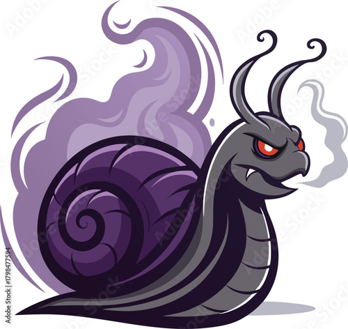 Angry cartoon snail illustration with a sinister expression, surrounded by mystical smoky aura, portraying a spooky creature