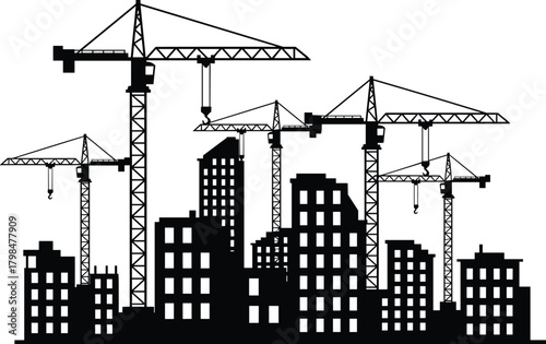 Urban construction cranes building modern city skyline silhouette, industrial development scene with tower cranes, high-rise structures, architecture and infrastructure growth