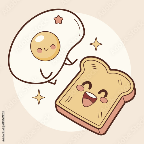 Happy Fried Egg and Toast Characters in Kawaii Style breakfast food