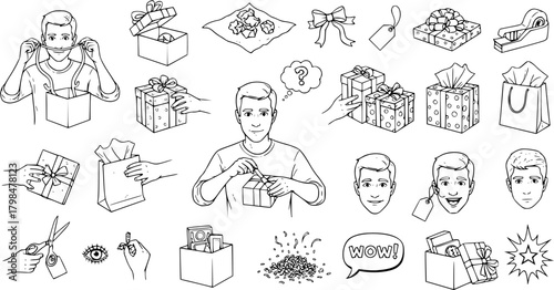 Set of black and white line art illustrations depicting various actions and items related to gift giving and receiving, including people, wrapped boxes, bags, bows, and expressions.