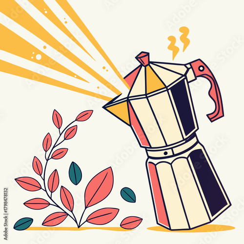 Moka Pot with Plant and Yellow Steam on Cream Background coffee maker espresso