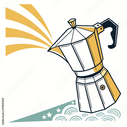 Italian Moka Pot Brewing Coffee with Yellow Rays and Waves coffee maker espresso