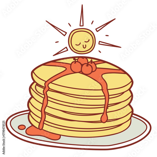 Stack Of Pancakes With Berries And Syrup And Sun breakfast food
