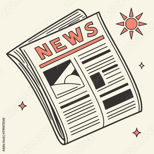 Cartoon newspaper with the word NEWS and sun illustration Keywords: newspaper, news, paper