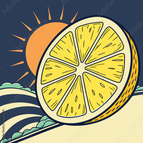 Large lemon slice in a landscape with sun and rolling hills illustration citrus fruit