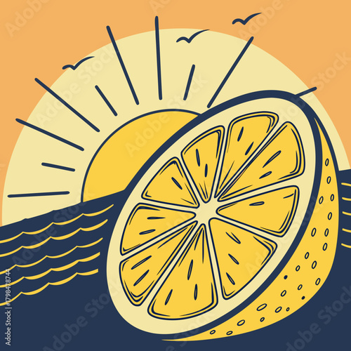 Stylized lemon slice on ocean waves with sun and birds illustration citrus fruit